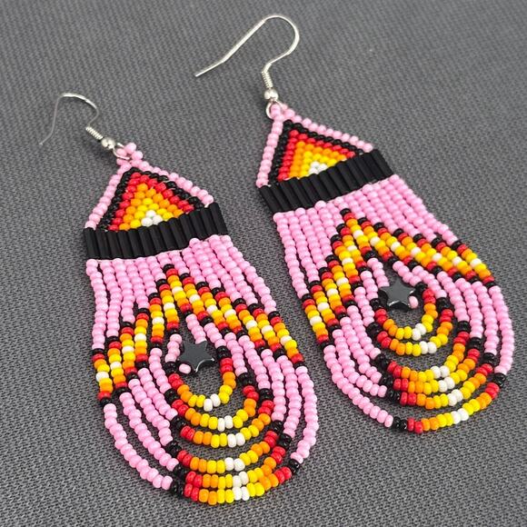 Tribal Earrings Seed Bead Handmade Multicolor Native American Boho Dangle 3” USA - Picture 10 of 15